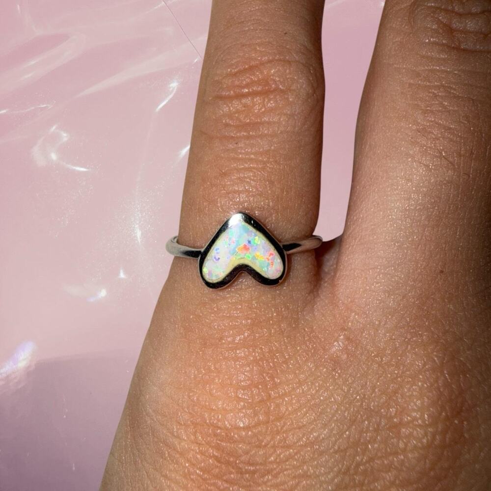 Y2K fairy romantic 925 Sterling Silver White Opal heart pinky ring dainty